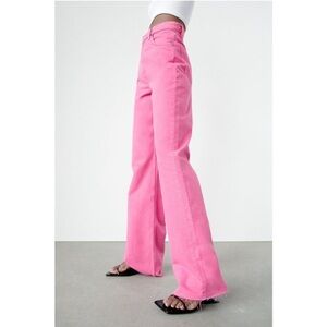 Zara High Waisted Raw Hemmed Pink Cotton Blend Denim Jeans Five-Pocket Styling🩷